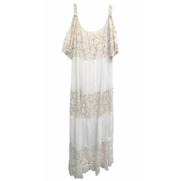 NEW VENTI6 embroidered lace panel cold shoulder dress in beige - Picture 1 of 1